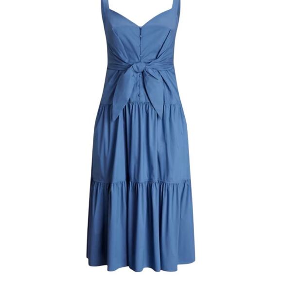 Lauren Ralph Lauren Blue Midi Sundress With 3 Tiers & Front Tie, Size 4, NEW - Picture 1 of 13